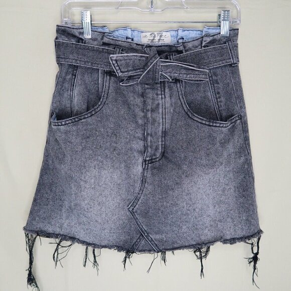FP We The Free Belted Denim Skirt Grey Black Mini Raw Hem Boho Women's Size 27 - Picture 2 of 6